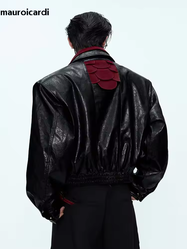 Streetwear Brand China - Mauroicardi Frühling Herbst Patchwork Kurze Schlangenhaut-Print